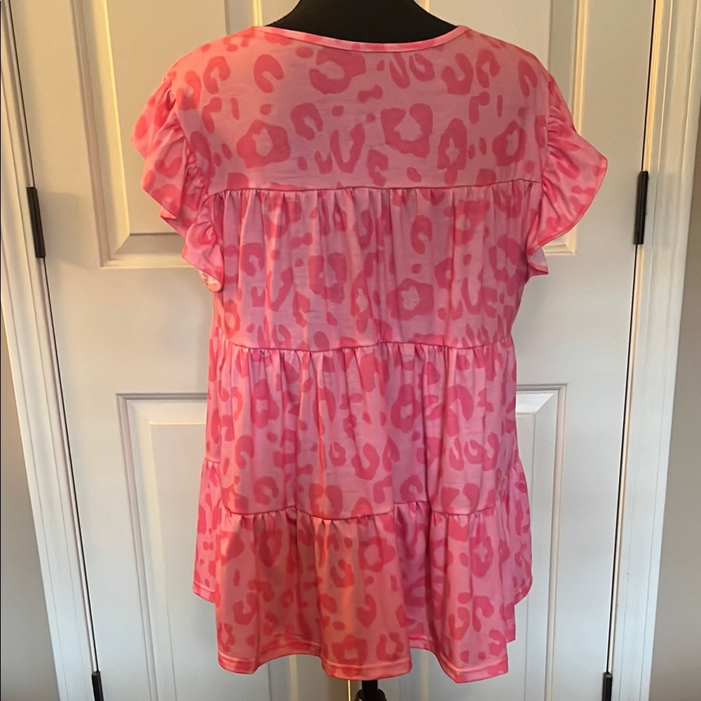 Pink Leopard Print Ruffle Sleeve Top - Picture 2 of 8